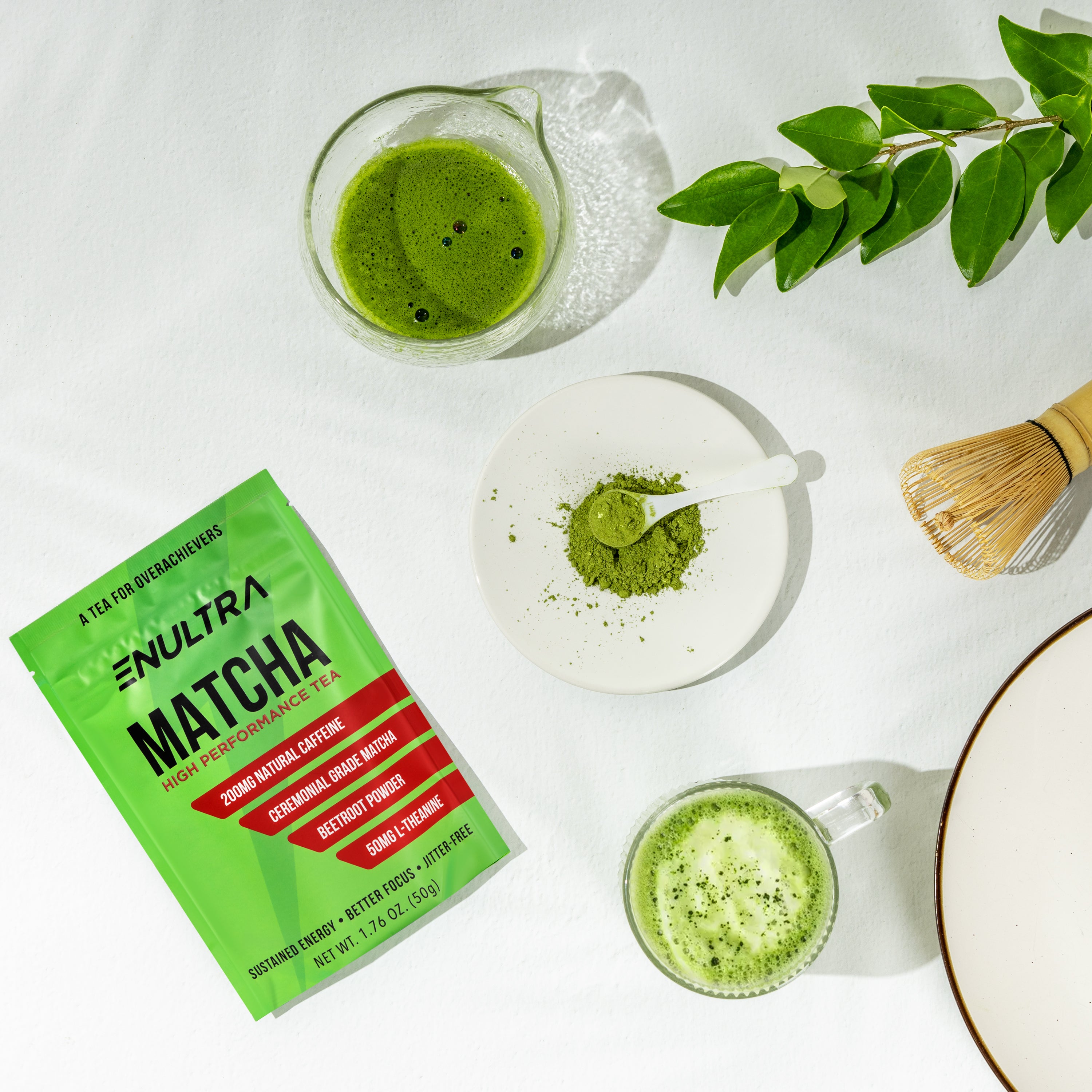 ENULTRA matcha product mixing on table